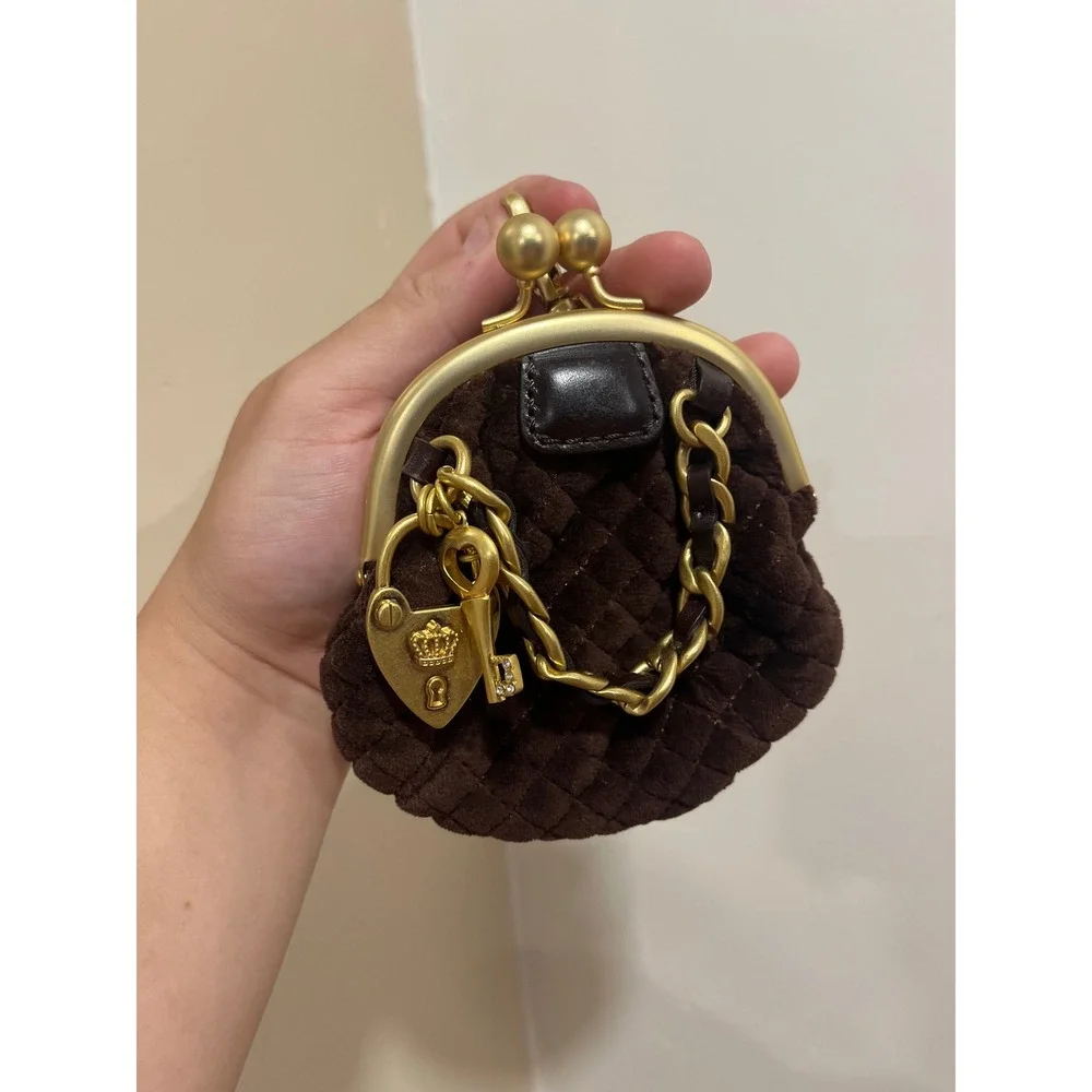 Juicy Couture Vintage Quilted Velour Coin Purse Brown Gold Heart Lock Key Charm